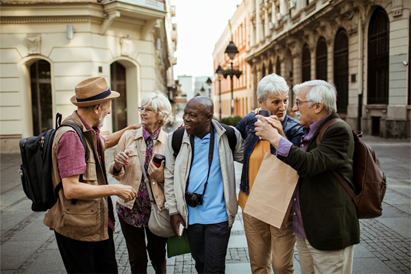 a group of senior citizens touring a historic city