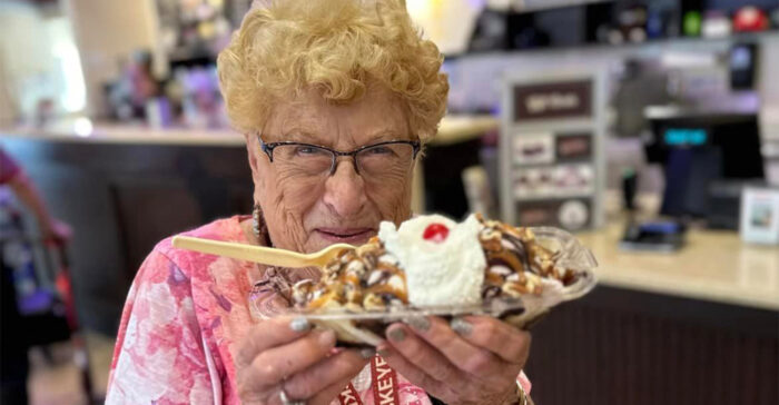 Senior resident eating ice cream