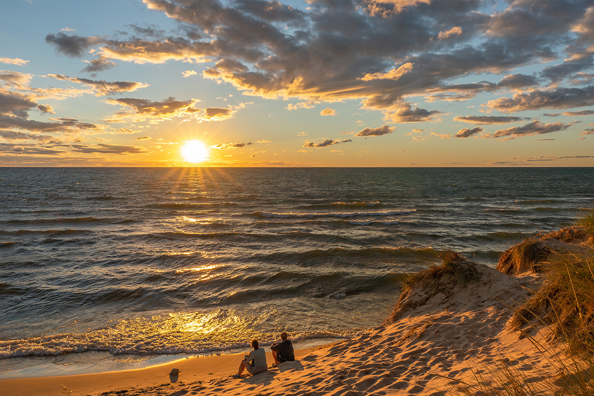 Couple on the beach in lake Michigan