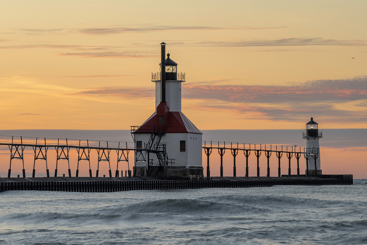 Lake Michigan lighthouse at sunset