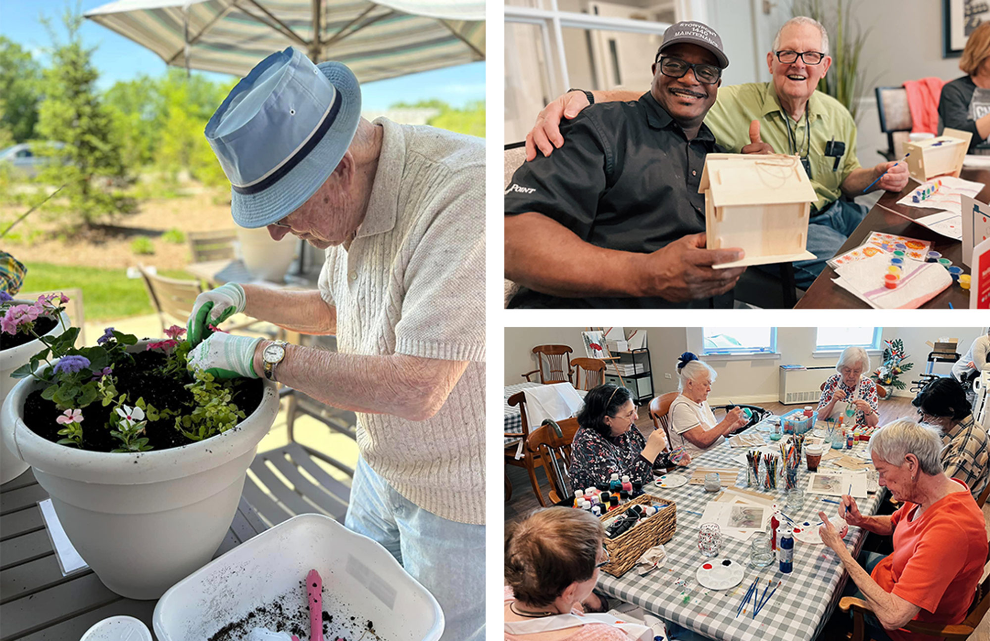 Seniors with dementia gardening, painting, and making a birdhouse