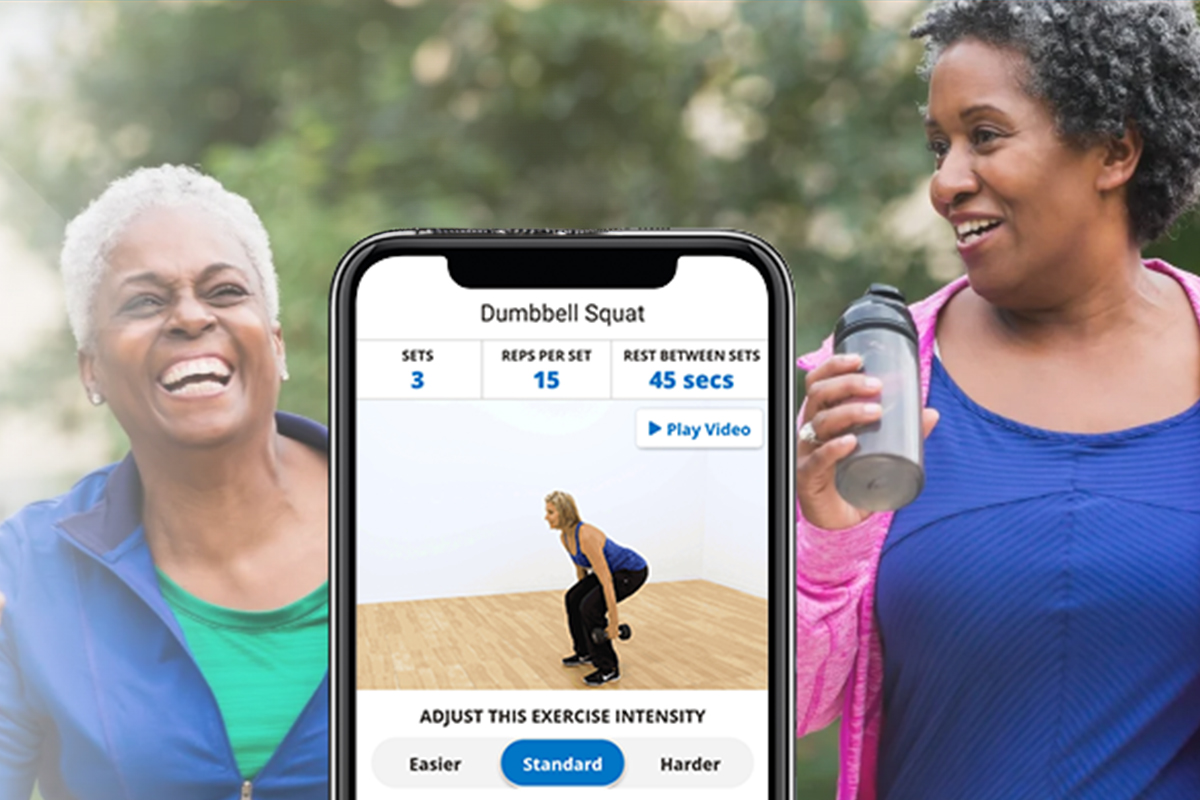 Two senior women exercising outside, with an image of a smart phone overlaid to show the SilverSneakers Go app.