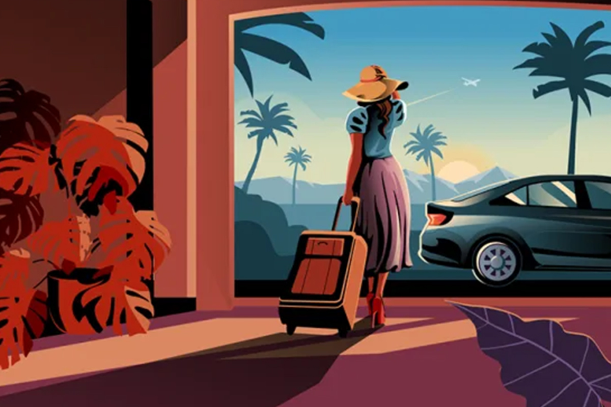 An animated rendering of a woman with a suitcase on her way to a car, dressed as if she is about to go on a vacation.