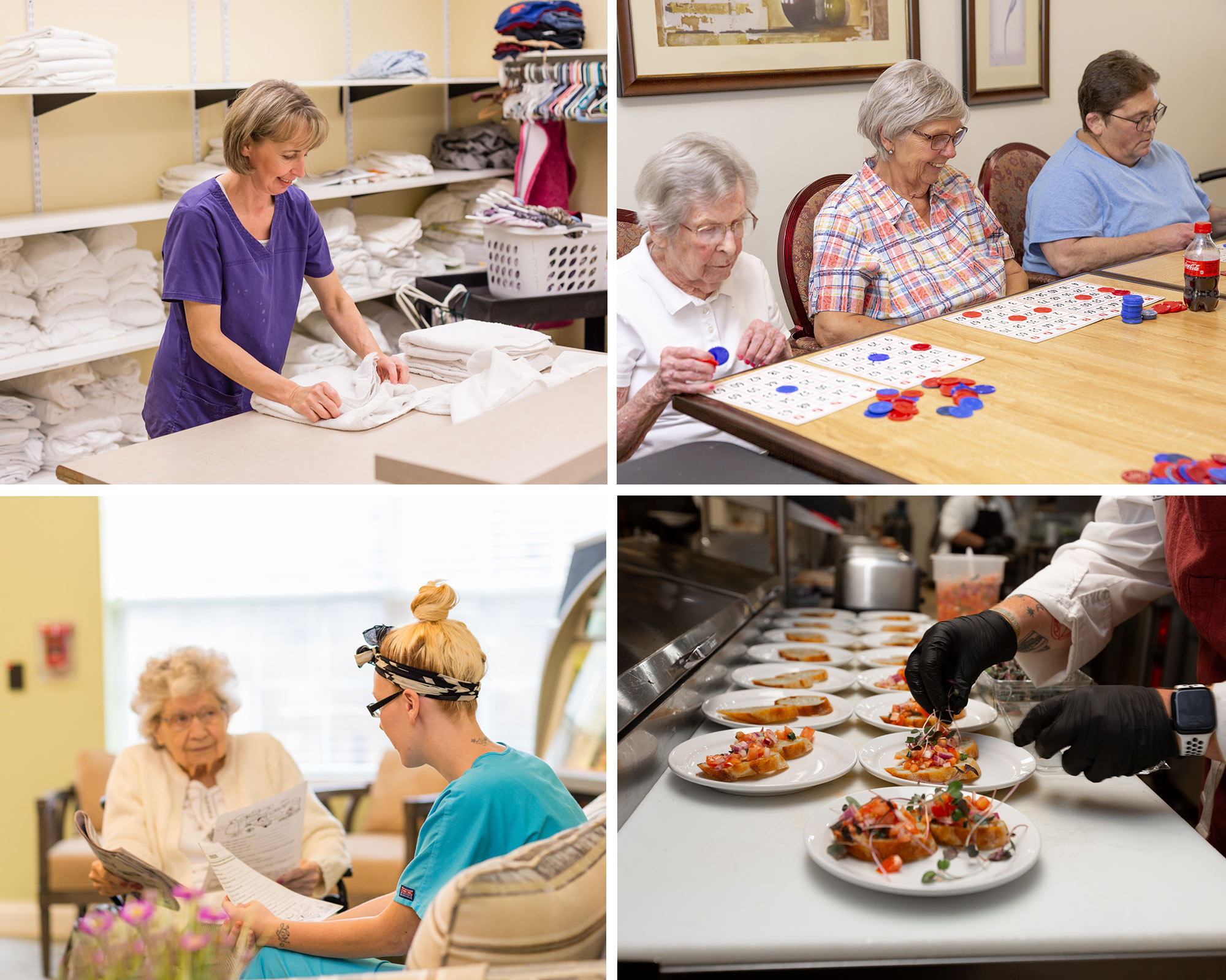 A four-photo collage showing laundry services, StoryPoint residents playing bingo, a StoryPoint resident with a caregiver, and dining services offered.