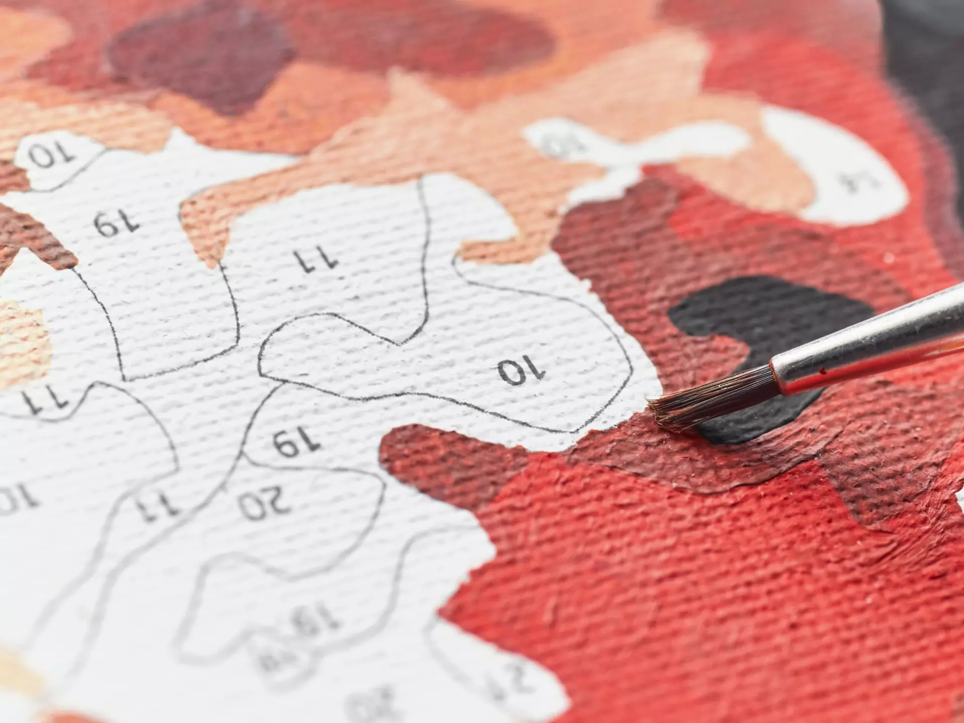 A close-up image of a paint-by-numbers canvas, with some of the numbered sections already having been painted, while others are still left blank. 
