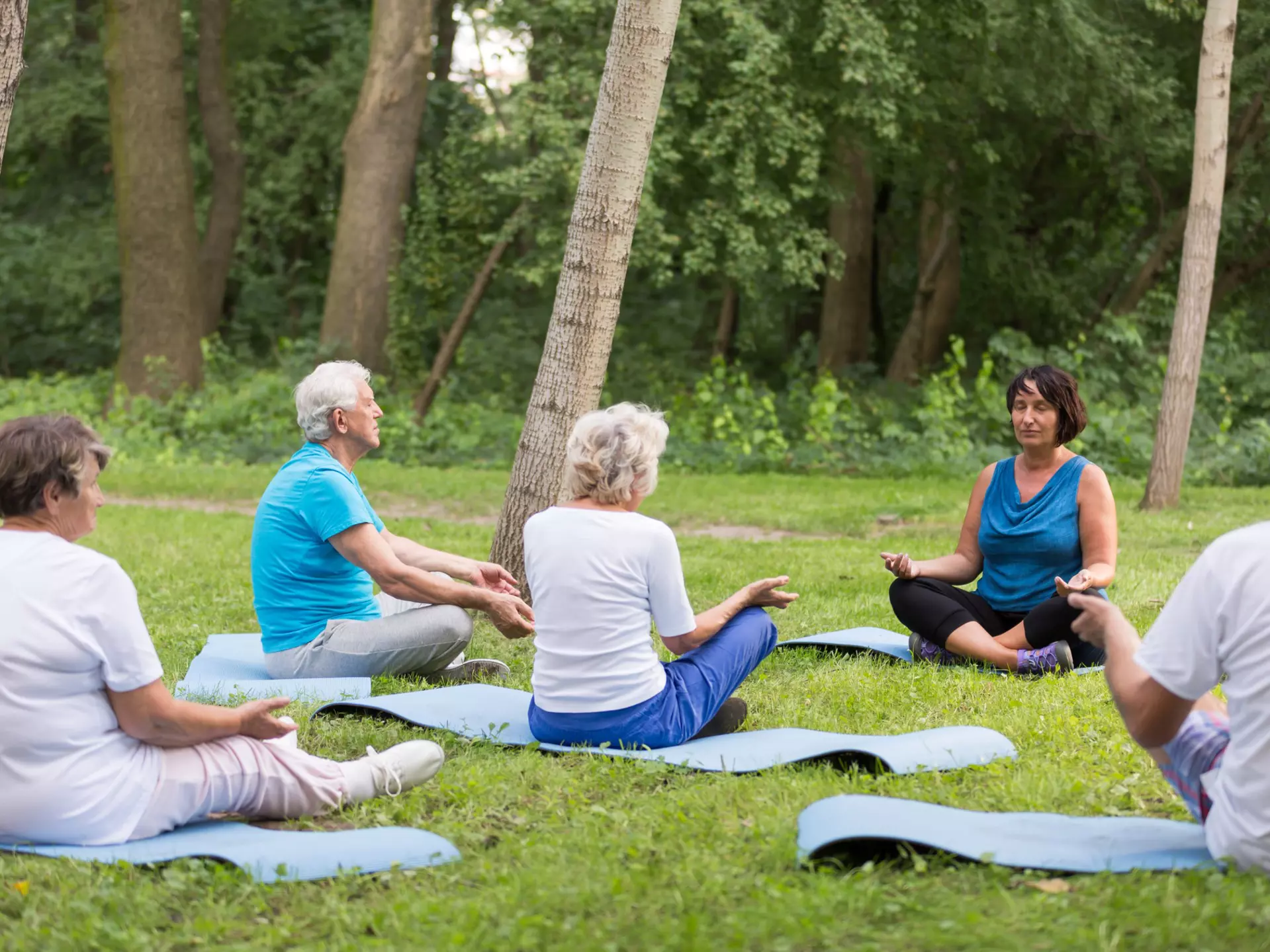 A group of seniors gathered outdoors, meditating while sitting on yoga mats. 